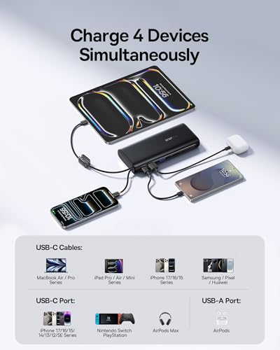 Baseus 25000mAh Power Bank, CCC Certified 145W Laptop Portable Charger with Dual Built-in USB-C Cables, PD3.1 Fast Charging Battery Pack for MacBook Pro/Air,iPhone 17/16 Series Galaxy S25/S24