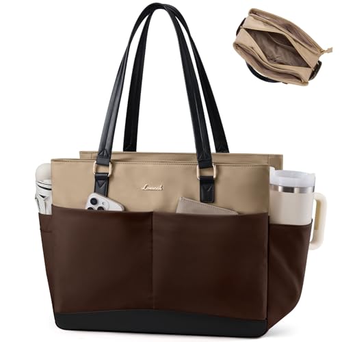 LOVEVOOK Laptop Tote Bag for Women with 3 Separate Pocket Work Bag with Large Cup Holder Computer Briefcase for Teacher Nurse - color: Dark Brown - Khaki, size: 15.6 Inch