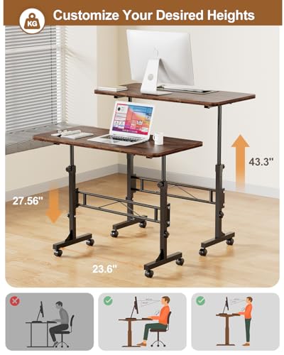 Amztabler Small Standing Desk Adjustable Height, Mobile Stand Up Desk with Wheels, 32 Inch Portable Rolling Desks Conference Room Tables for Walking Pad Treadmill Wood Rustic - color: Wood Rustic