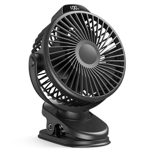 Koonie Portable Clip On Fan, Small Rechargeable Battery Operated, 3 Speeds | Mini Clamp Fan With LED Display, 360° Rotate Personal Cooling Desk Fan for Stroller Bed Travel Camping Golf Gym - color: black