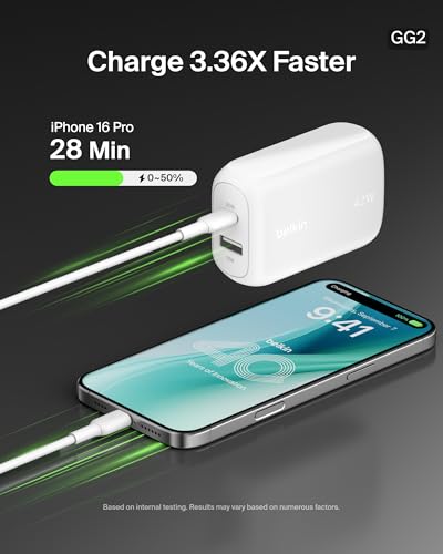 Belkin 42W Dual Port Charger Block, USB-C + USB-A Charger Super Fast Charging - Samsung Galaxy S25, Apple iPhone 17, Air, Pro, Pro Max, iPad, AirPods, Apple Watch, Nintendo Switch 2 & More - White - color: White