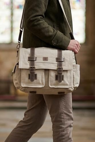 Easton Crossbody Messenger Bag | Denim Canvas Laptop Bag with Leather Accents | Multi Pocket Shoulder Bag - color: Fade Beige