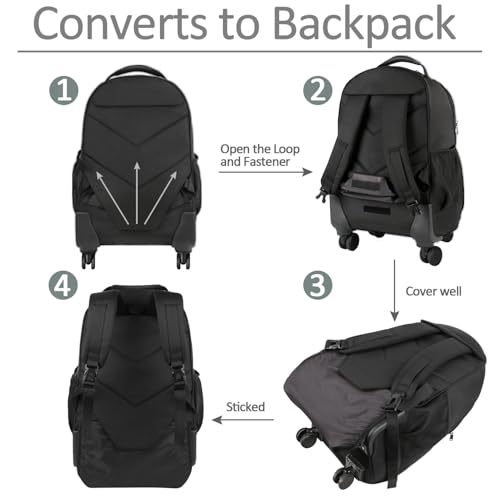 MATEIN Rolling Backpack with 4 Wheels, 17 inch Spinner Backpack for Men | Water Resisatnt Large Busines Travel Wheeled Bag, Airline Approved Roller Carry on Luggage Suitcase Bag, Black - color: Black, size: 17 inch