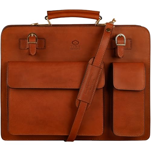 Time Resistance Leather Briefcase - Classy Bag for Men - Business and Vintage Briefcase Made in Italy - color: Cognac