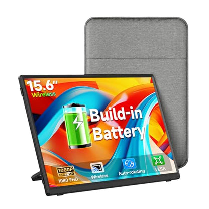 Wireless Portable Monitor 15.6", 8000mAh Battery, 1080P FHD IPS | 4H Runtime, 360° Rotating Stand, AirPlay & Miracast, USB-C & HDMI, VESA, Carry Bag, Wired/Wireless for MacBook, Laptop, Phone - size: 15.6Wireless