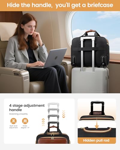 LOVEVOOK Rolling Laptop Bag for Women, Underseat Carry On Bag with Wheels | Fits 17.3 Inch Laptop, 30L Capacity, Silent Wheels, Rolling Briefcase, Carry On Luggage, Personal Item for Work Travel - color: V Quilted-Black-Brown