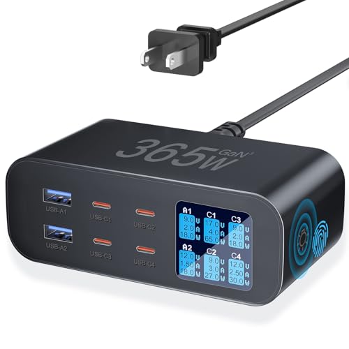USB C Charger 6-Port with LED Display Adjustable Brightness | USB Charging Station GaN Multiport Fast Charger PD 100w 65W QC 3.0 Support PPS Compatible with MacBook iPhone Samsung, Black