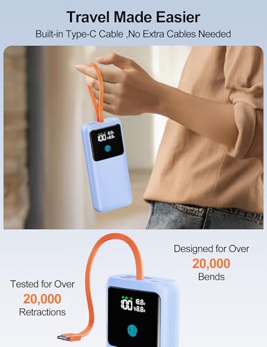 Portable Laptop Charger 24000mAh 65W w/USB C Built-in Cable Blue | 65W Fast charging, LED display, Charge 4 devices at once, Pass through, TSA approved, Compatible with Macbook/Notebook/iPhone - color: Blue