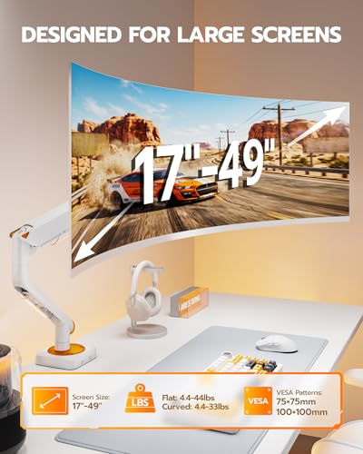 ARES WING 17-49 Inch Monitor Arm Ultrawide Single Monitor Mount, White | Heavy Duty Mechanical Spring Monitor Stand Adjustable Arms Holds up to 44lbs, 75/100 VESA Mount with Clamp/Grommet Base - color: white