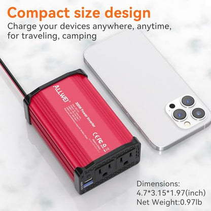 ALLWEI 300W Power Inverter 12V DC to 110V AC Car Inverter with 27W PD USB-C &18W USB-A Fast Charging, Car Charger Cigarette Lighter Adapter for Phone, Laptop and Small Devices on Road Trip-Red - color: PD27W-Red