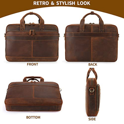 Jack&Chris Full Grain Leather Briefcase for Men, Business Messenger Bag Laptop Bag Attache Case, Fits 15.6 Inch Laptop - color: Red Brow-15.6inch