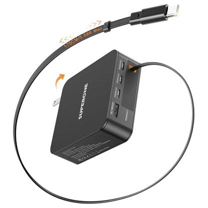 Retractable Laptop Charger, with USB C Fast Charging Cable，5 in 1 | 65W GaN Charger with Built-in 5.6ft Retractable USB-C Cable, 5 Ports, for MacBook, Laptops, iPhone 15-17, iPad, Samsung