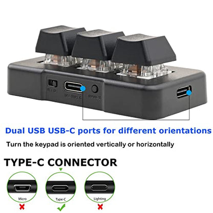 iKKEGOL Mini USB Type C Wired 3 Key Mechanical Keypad 9 Keys Fully Progammable Macro Gaming Keyboard,One- Handed Control RGB Light HID Pad (Black)