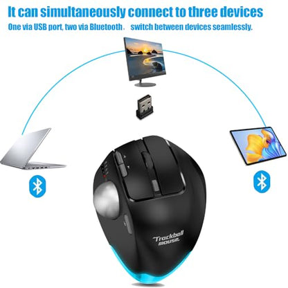 zelotes Wireless Trackball Mouse,Bluetooth Mouse,Rechargeable,4800 DPI, 2-in-1(BT 5.0/3.0+2.4GHz USB Receiver), 8 Buttons,Ergonomic Design,LED Lighting,for Laptop, PC, Pad,Black - color: Black