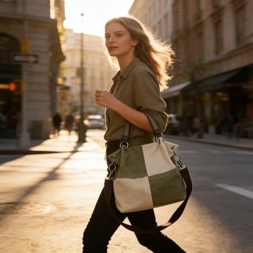 Women's Canvas Color Block Tote Bag Convertible Crossbody Hobo Handbag Lightweight Shoulder Bag for Daily Travel Work - color: Dark Green