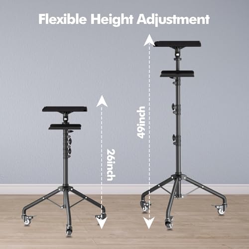 Projector Stand Tripod Laptop Tripod on Wheels with 2 Shelves | 26 to 49 Inch Adjustable Height, Portable Podium Stand with Gooseneck Phone Holder for Office, School, Home, DJ Racks