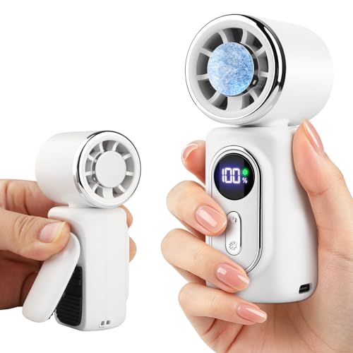 Clip-On Portable Fan with Ice Cooling, 5 Speeds Rechargeable Handheld Mini Fan with LED Display, 180° Portable Turbo Fan for Stroller, Eye Lash, Travel, Concert, Beach, Gifts for Women (White) - color: White