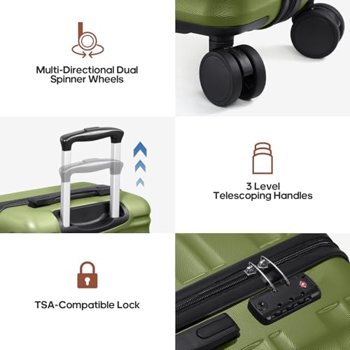 3 Piece Luggage Set, 20 Inch Carry On Luggage 22x14x9 Airline Approved, Hardside Suitcases with Wheels, Suitcase Set with YKK Zipper&TSA Lock, Travel Set - color: Olive Green, size: 3 piece set (20inch)