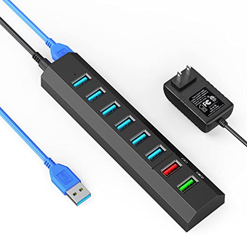 Powered USB Hub, Aiibe 8-Port USB Hub 3.0 Powered USB Splitter with 2 Fast Charging Ports + 12V/3A Power Adapter + USB 3.0 Cable, USB Hub Powered 36W Adapter for Laptop, Mac, PC, Mobile HDD (Black) - color: Black 8 Port