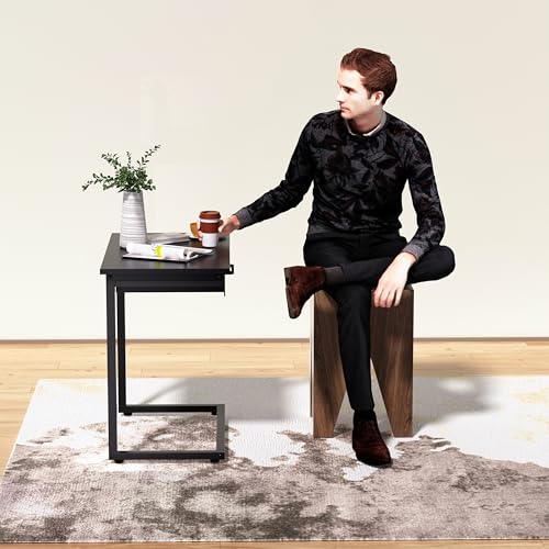 C Shaped End Table,Small Couch Side Table with Drawer,for Living Room, Bedroom Magazines, Computers, Coffee, Small Objects Storage.Black - color: Black