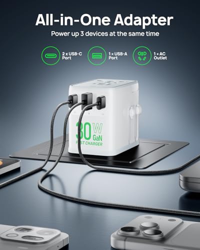 Travel Adapter, 30W GaN Fast Charging European Plug Adapter Worldwide Universal Charger with 4 Ports 1 AC, 1 USB-A, and 2 USB-C Ports Plug Adapter for USA European UK AUS Japan, White