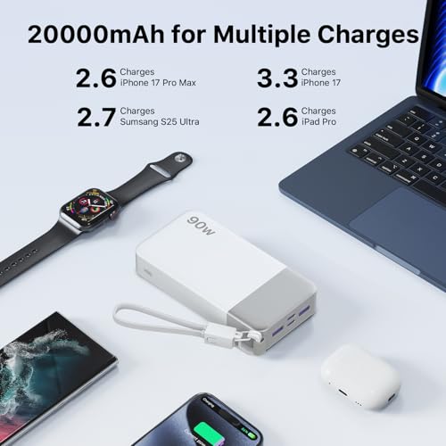 NOBIS Portable Charger 20000mAh 90W Power Bank w/Detachable Cable | 2C+2A USB-C Fast Charging Battery Pack with LED Display,Battery Bank for Laptops, Tablets, Phones and Steam Deck - color: White