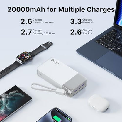 NOBIS Portable Charger 20000mAh 90W Power Bank w/Detachable Cable | 2C+2A USB-C Fast Charging Battery Pack with LED Display,Battery Bank for Laptops, Tablets, Phones and Steam Deck - color: White