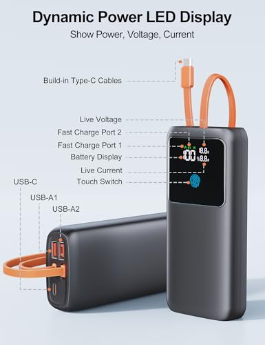 Portable Laptop Charger 24000mAh 65W w/USB C Built-in Cable Black | 65W Fast charging, LED display, Charge 4 devices at once, Pass through, TSA approved, Compatible with Macbook/Notebook/iPhone - color: Black