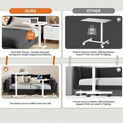 Mobile Small Standing Desk with Hidden Wheels, Pneumatic Laptop Desk, Rolling Computer Cart Movable, Portable Rolling Computer Sit Stand Side Table for Couch, Home, Office, White - color: White