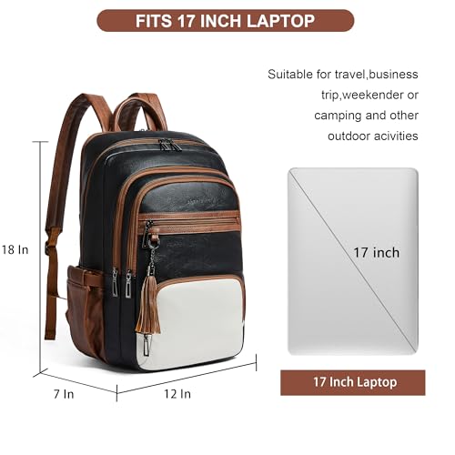 Shrrie 17 Inch Laptop Backpack for Women,Vegan Leather Backpack Purse,28L Work Business College Travel Computer Backpacks with Giant Tumbler Holder & USB Charger,Black and Beige with Caramel Brown - color: Black and Beige With Caramel Brown