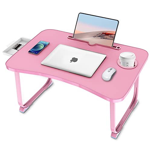Fayquaze Lap Laptop Desk, Portable Foldable Laptop Bed Table with Storage Drawer and Cup Holder, Lap Desk Lap Bed Stand Tray Table Serving Tray for Eating, Reading and Working - color: Pink
