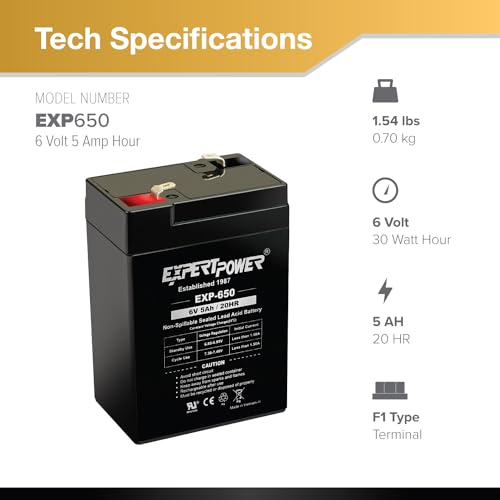 ExpertPower EXP650 (20 Pack) - 6V 5Ah / 20HR SLA Rechargeable 6V Battery for Ride on Toys, Emergency Light, Exit Sign Battery Replacement, Sealed Lead Acid 6 Volt Batteries with F1 Terminals - size: 6V 5Ah - 20 Pack