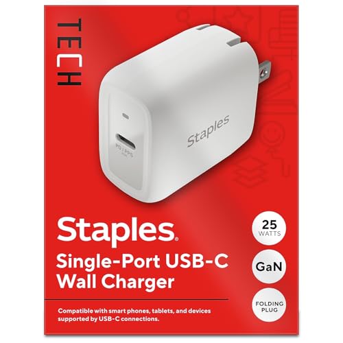 Staples TECH 25W USB‑C Fast Charger – GaN Compact Wall Adapter with Charging Cable, PD Fast Charging for iPhone, Samsung, iPad & USB‑C Devices - style: 25 Watt