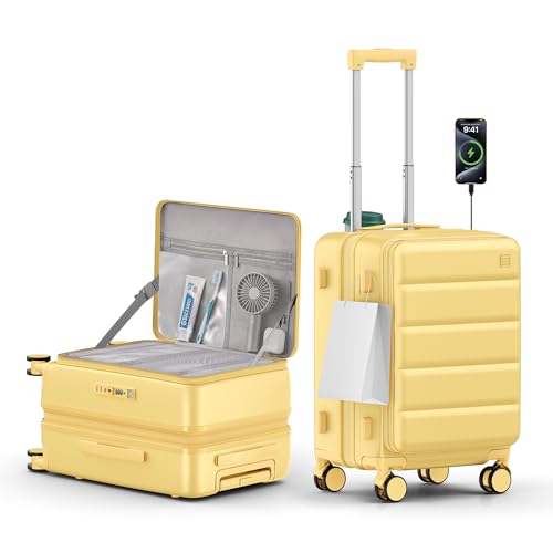Expandable 20Inch Carry On Luggage Airline Approved - Top Opening Hardside Travel Suitcase Unbreakable -with Cup Holder,USB Charge,Side Pothook, 360°Spinner Wheels, TSA Lock-Yellow - color: Yellow, size: 20 Inch-EXT