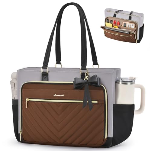 LOVEVOOK 17 Inch Laptop Tote Bag for Women, Work Bag for Nurse with Large Cup Holder, Nurse Diaper Bag for Travel, Computer Women's handbags for Teacher gift, Brown-gray-black - color: Brown-gray-black, size: 17.3 inch