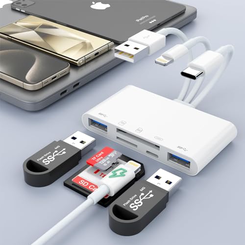 5-in-3 SD Card Reader for iPhone iPad with USB A & Charging Port, Lightning + USB A + USB C to SD Memory Card Reader for iPhone/iPad/Android/MacBook/PC/Tablet/Camera/Hard Disk/Flash Drive