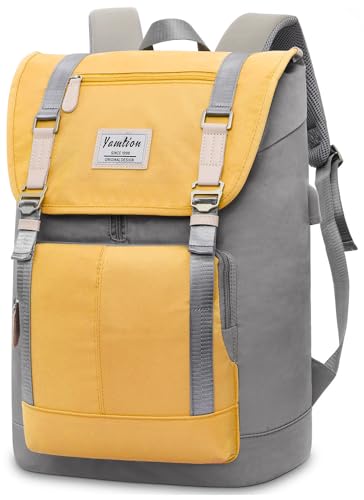 YAMTION 17" Laptop Backpack for Girls & Boys Teens, College Bookbag High School Backpack with USB Charging Port for Women & Men - color: Yellowgrey