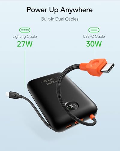 VIYISI Portable Charger 20000mAh 30W Fast Charging, Power Bank with Built-in USB C & Lighting Cables, LED Display Battery Pack Compatible with iPhone 17 16 15 14 Pro Max, iPad, Samsung Galaxy, Travel - color: Black