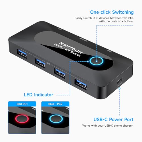 RSHTECH USB KVM Switch with 4K@60Hz HDMI and 4 USB-3.0 Ports, RSH-A301 | USB Switcher for 2 Computers Share Keyboard Mouse Printer and one HD Monitor with 2 USB-A Cables and 2 HDMI Cables - size: 5 Ports USB Switch