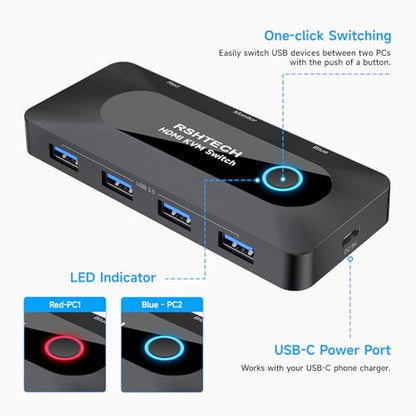 RSHTECH USB KVM Switch with 4K@60Hz HDMI and 4 USB-3.0 Ports, RSH-A301 | USB Switcher for 2 Computers Share Keyboard Mouse Printer and one HD Monitor with 2 USB-A Cables and 2 HDMI Cables - size: 5 Ports USB Switch