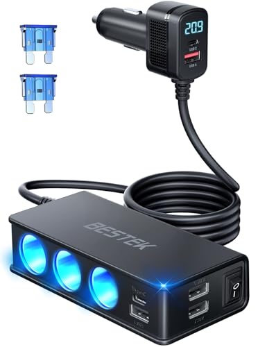 BESTEK 9 in 1 Cigarette Lighter Splitter 148W 3-Socket Car Cigarette Lighter PD30W and 4 USB-A QC3.0 18W with LED Display 12V/24V Cigarette Lighter Adapter for Dash Cam, GPS, iPad/Laptop/Phone - color: Black-1