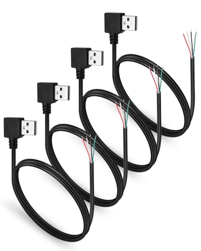 90 Degree Right Angle USB 2.0 Male to 4-Pin Bare Wire Adapter Cable, 4Pcs USB A to Bare Wire Converter DIY Repair Kit for Car Electronics/Industrial Devices
