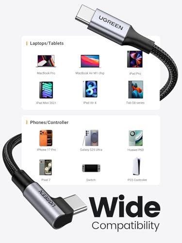 UGREEN 100W Right Angle USB C Cable, Fast Charging Cable, 3.3ft | 90° angled connector for gaming & bedside. For iPhone 17/16/15, MacBook, Galaxy S26/S25, iPad, Pixel, Switch - size: 3.3 ft