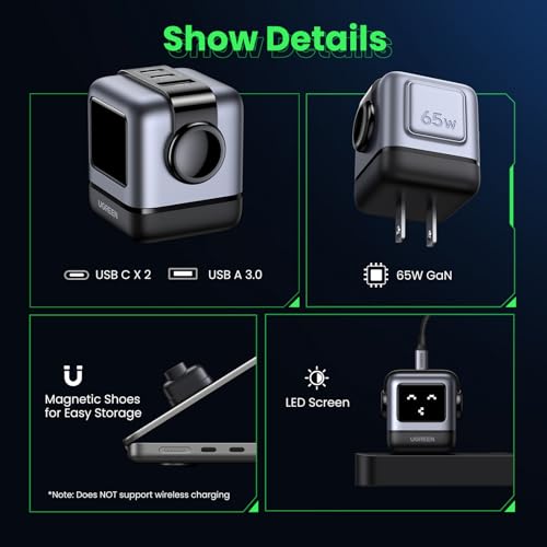 UGREEN Uno 65W USB C Charger Block, Nexode 3-Port GaN Fast Charger with Screen, Fun Robot Gifts for Men Women, Compatible with iPhone 17, MacBook Pro/Air/Neo, XPS, Galaxy S26, Steam Deck, Black - color: Black
