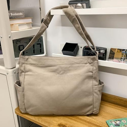 Cute Canvas Tote Bag for School/Work/Travel, Large Crossbody Messenger Bag Laptop Shoulder Bag - color: Sand Grey