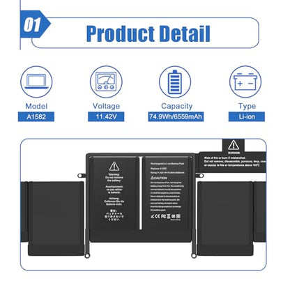 A1582 A1502 MacBook pro Laptop Battery Replacement for MacBook Pro 13 Inch Retina A1502 (Early 2015 Mid 2014 Late 2013) Laptop Battery A1493 A1582 [6559mAh 11.42V 74.9Wh] - size: 11.25*4.13*0.32 inch A1582