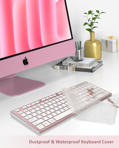 FENIFOX Wireless Keyboard, Bluetooth & 2.4G USB & USB-C Rechargeable Silent Ultra Quiet Low Profile Compact Full Size with Number Pad Soft Multi Device for Mac MacBook Windows PC - Pink & Rose Gold - color: Pink