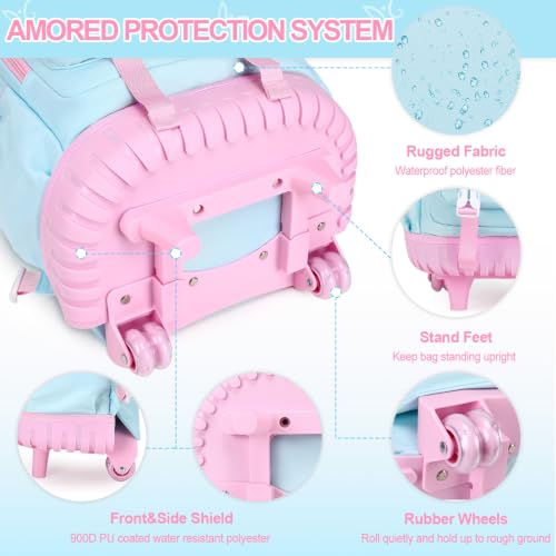 DIGOBAY Rolling Backpack for Girls, Roller Bag with Lunch Box Pencil case | Kawaii Girls Roller Backpack With Wheels School Bookbag With Cute Pins for Elementary Middle School, Aquamarine Pink - color: Aquamarine-pink