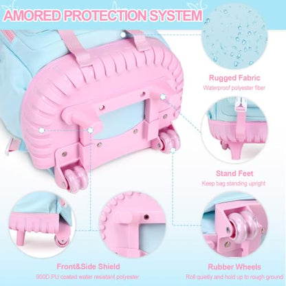 DIGOBAY Rolling Backpack for Girls, Roller Bag with Lunch Box Pencil case | Kawaii Girls Roller Backpack With Wheels School Bookbag With Cute Pins for Elementary Middle School, Aquamarine Pink - color: Aquamarine-pink