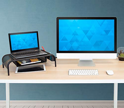Mount-It! Metal Mesh Monitor Stand with Drawer, Ergonomic Desk Organizer and Riser for Monitors and Laptops, Desktop Stand with Extra Storage and Side Pocket, Black